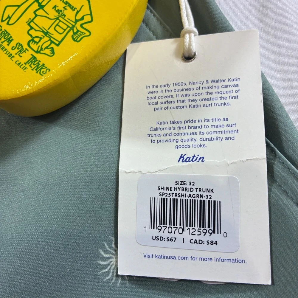 Katin Shine Hybrid Trunk Sage Green Sun Print Board Shorts Mens 32